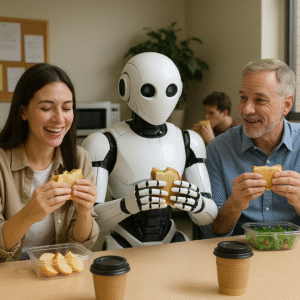 ai robot having lunch with team mates