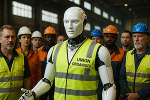 ai union organiser ironcially addresses the workers